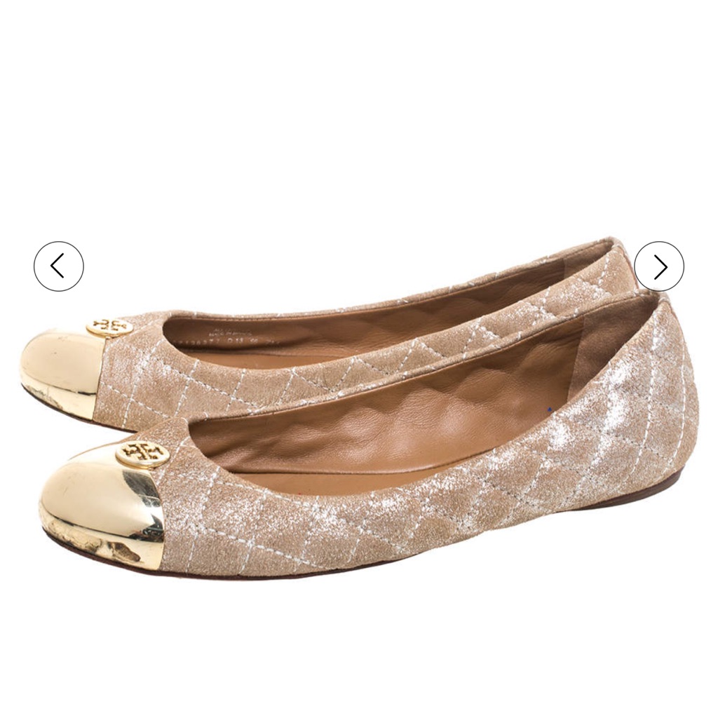 Nwot Tory Burch Kaitlin Quilted Metallic Ballet Flats With Gold Cap Toe. Size 10